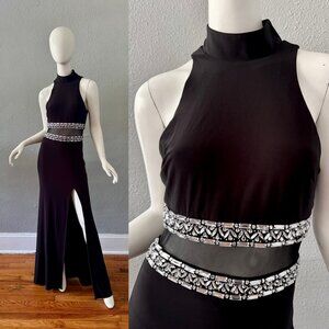 Vintage 90s Black MOCK Neck Mesh Y2K Maxi Gown Dress XS/S